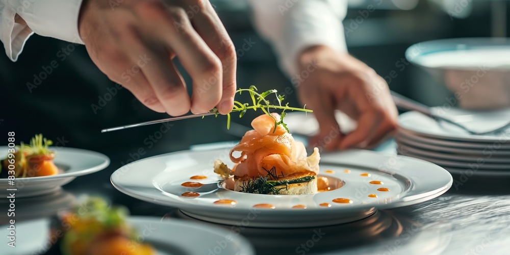 A chef meticulously adds finishing touches to a gourmet dish, highlighting the art of culinary presentation and the sophistication behind fine dining experiences. A chef meticulously adds finishing touches to a gourmet dish, highlighting the art of culinary presentation and the sophistication behind fine dining experiences.
