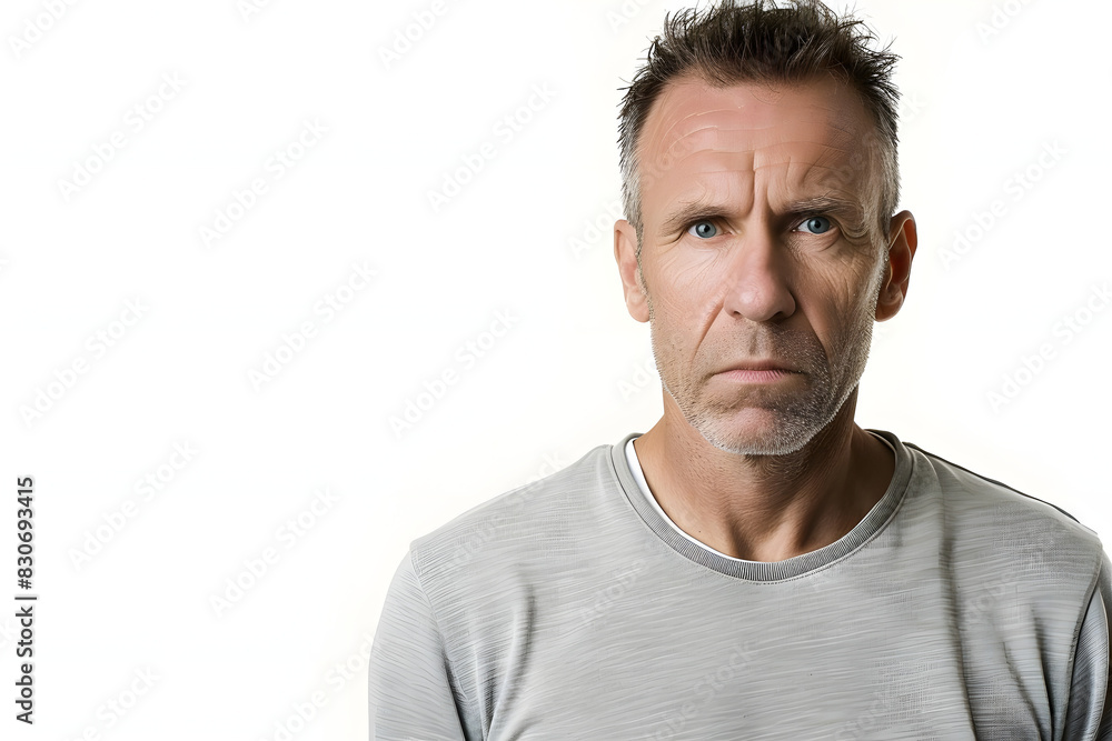 Fototapeta premium middle aged man with a determined and focused expression on white background. generative ai