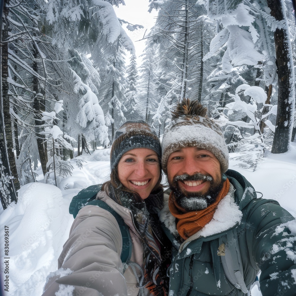 A couple's selfie in a snowy forest during a snowshoe hike, snow-covered trees all around. A couple's selfie in a snowy forest during a snowshoe hike, snow-covered trees all around.
