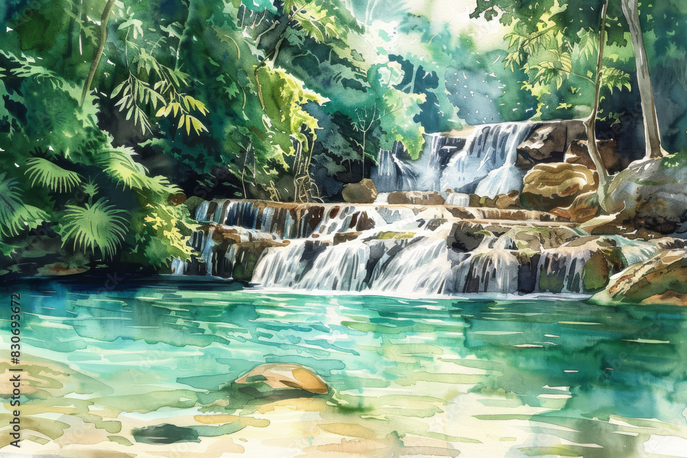 Naklejka premium Serene Waterfall in Lush Forest Captured in Stunning Watercolor Art
