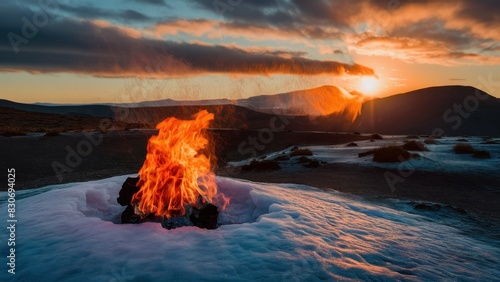 Icy Flames and Desert Winds Fire Entrapped in Ice Over Cracked Earth photo