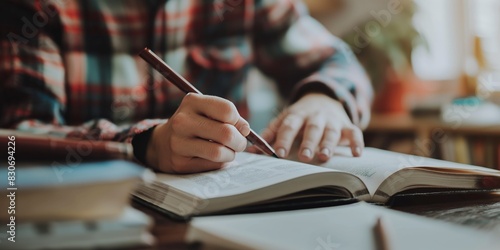 Wallpaper Mural A person sits at a desk with multiple open books, studiously writing notes, representing the dedication and focus required for education and personal growth. Torontodigital.ca