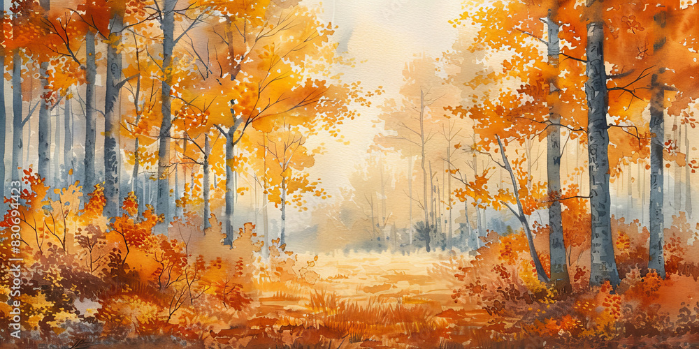 Serene Autumn Forest with Vibrant Foliage and Sunlight Through Misty Trees