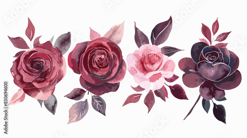 Watercolor floral Four  illustrations flower leaves.