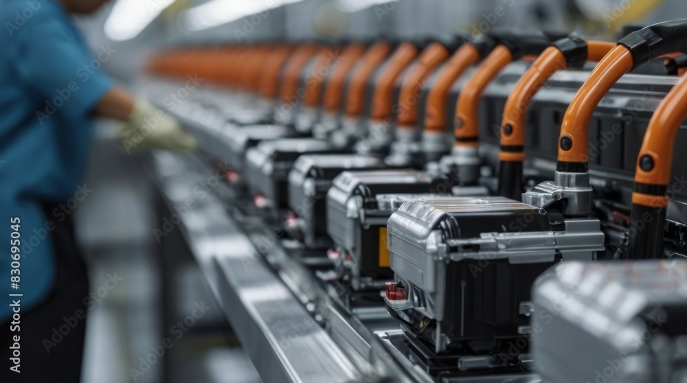 Mass production assembly line of electric vehicle battery cells close-up view Mass production assembly line of electric vehicle battery cells close-up view
