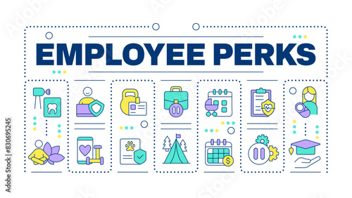 Employee perks word concept isolated on white. Employee satisfaction and wellness. Parental leave. Creative illustration banner surrounded by editable line colorful icons. Hubot Sans font used