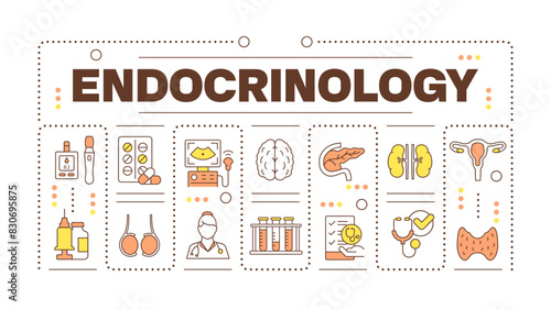 Endocrinology word concept isolated on white. Endocrine system checkup. Diabetes management. Creative illustration banner surrounded by editable line colorful icons. Hubot Sans font used