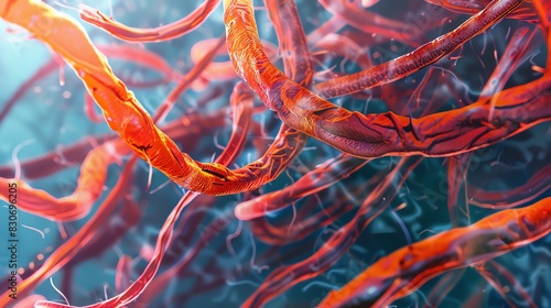 Close-up image of intricate red thread-like structures intertwined in a vibrant and colorful aquatic environment.