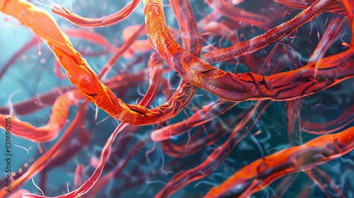 Close-up image of intricate red thread-like structures intertwined in a vibrant and colorful aquatic environment. photo