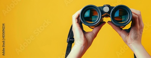 A person holding a pair of binoculars, searching for something in the distance. The binoculars are black and the background is yellow.
