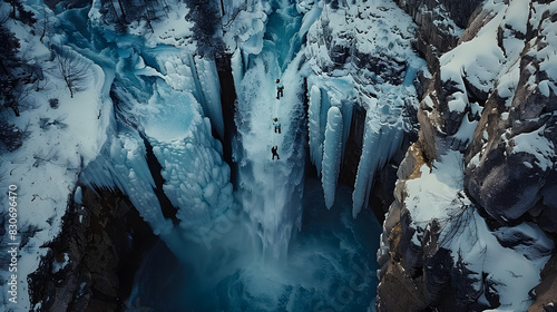 A photo featuring a group of ice climbers scaling a frozen waterfall in the Alps, captured from above. Highlighting the daring ascent and the crystalline ice formations, while surrounded by rugged, sn photo
