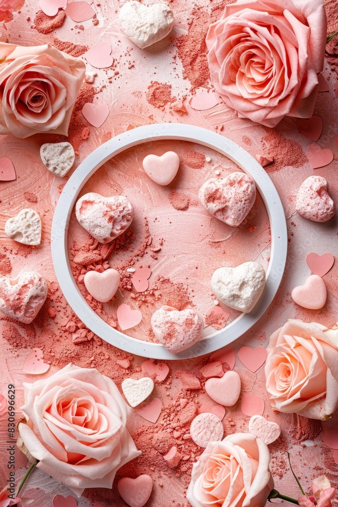A pink pastel background adorned with delicate roses and hearts in a white circle frame A pink pastel background adorned with delicate roses and hearts in a white circle frame