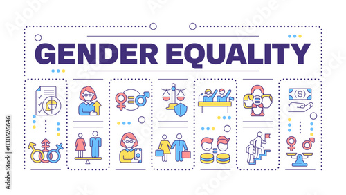 Gender equality word concept isolated on white. Workplace diversity. Equal opportunities and rights. Creative illustration banner surrounded by editable line colorful icons. Hubot Sans font used