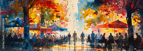 Watercolor Illustration of Outdoor Cafe in Autumn with People Dining Under Colorful Fall Trees