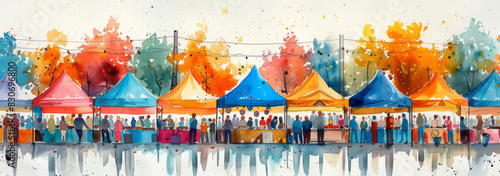 Colorful Outdoor Market with Autumn Trees and Lively Crowd photo