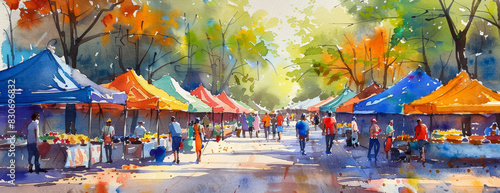 Outdoor Farmers Market with Colorful Tents, Fresh Produce, and Shoppers Enjoying a Sunny Day