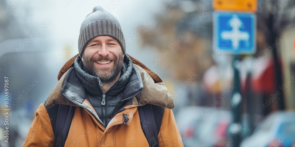 Obraz premium A man dressed in warm winter clothing, including a beanie and jacket, smiling warmly while standing outside in a snowy urban setting, representing warmth and happiness.