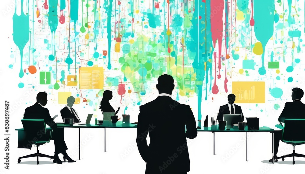 A silhouette of a businessman facing a colorful, modern office setting with a team actively engaged in work.. AI Generation