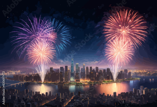 a fireworks display over a city at night