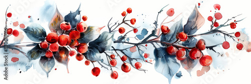 Watercolor Winter Berries and Leaves Seamless Border Illustration photo