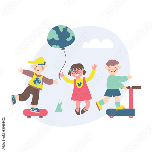 Happy children day. happy kids play outside: on skateboards and scooters. Colorful hand drawn vector illustrations for social media post, banner design, postcards