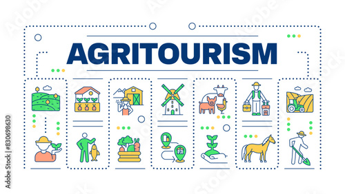 Agritourism word concept isolated on white. Farm stays. Rural tourism. Agricultural business. Creative illustration banner surrounded by editable line colorful icons. Hubot Sans font used