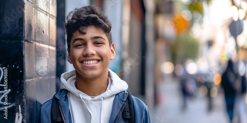 Teenager with curly hair and backpack smiling leaning against a wall in a busy city street, capturing the essence of youthful exuberance and city life. photo