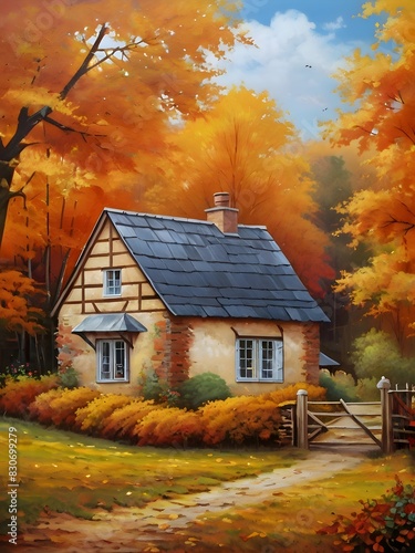 Autumn Cottage House Nature Oil Painting Art