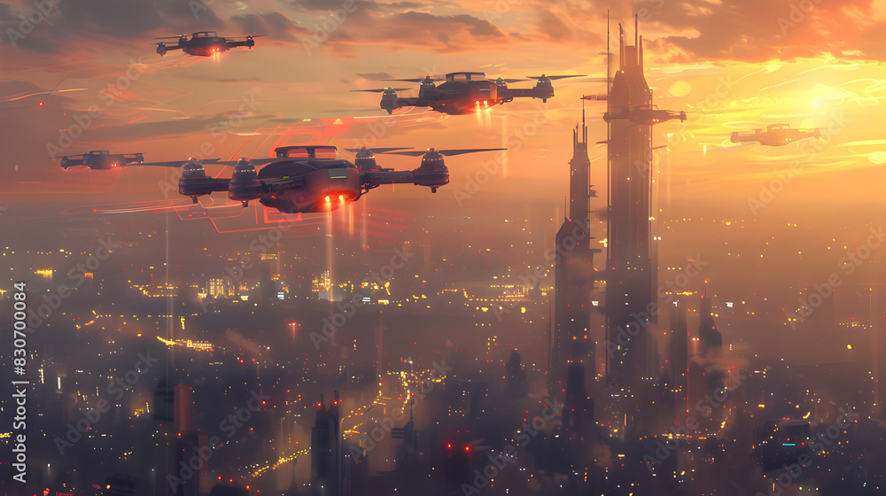 Illuminated skyscrapers and bustling streets set the backdrop for advanced drones flying above a stunning futuristic cityscape at sunset Illuminated skyscrapers and bustling streets set the backdrop for advanced drones flying above a stunning futuristic cityscape at sunset