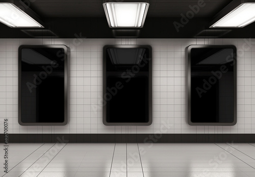Billboards on underground wall Mockup. Vertical hoardings template in subway station. Generative Ai