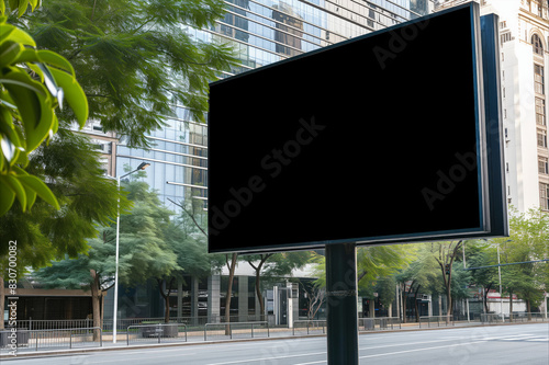 Large horizontal billboard in modern city mockup. Hoarding template. Generative ai
