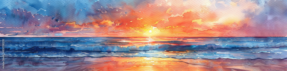 Vibrant Ocean Sunset with Colorful Sky and Waves in Watercolor Painting Vibrant Ocean Sunset with Colorful Sky and Waves in Watercolor Painting