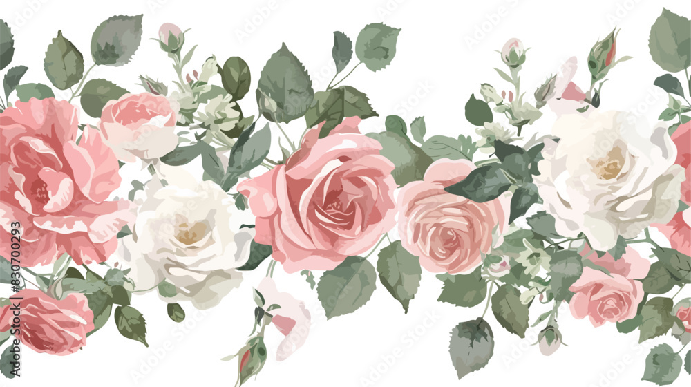 Watercolor flowers pink white roses. Floral summer re