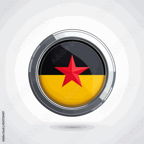 a black and yellow button with a red star