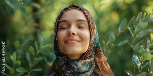 A peaceful woman wearing a colorful hijab smiles with her eyes closed, enjoying the serenity of the surrounding greenery, reflecting tranquility and contentment. photo