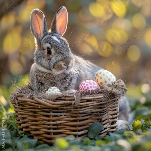 Whimsical Easter Bunny Amidst a Basket of Colorful Eggs