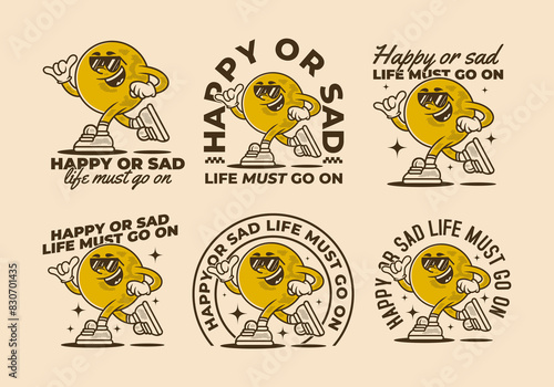 Happy or sad, life must go on. Mascot character of ball head in running pose