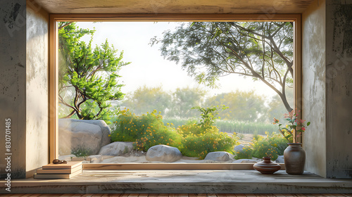 Japanese garden decoration in scenic view through a wooden-framed window in a light-filled room