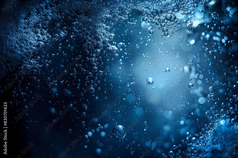Obraz premium Abstract blue water and wine bubbles background with copy space for design and advertising purposes