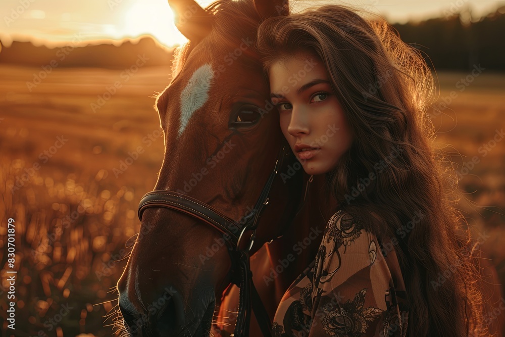 Obraz premium a beautiful girl riding a horse hugs her and strokes her. 