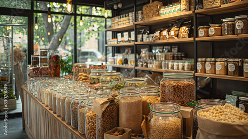 Zero waste grocery store where customers bring their own containers to fill with bulk food items and package-free products , concept of reducing waste and conscious consumption and minimal packaging
