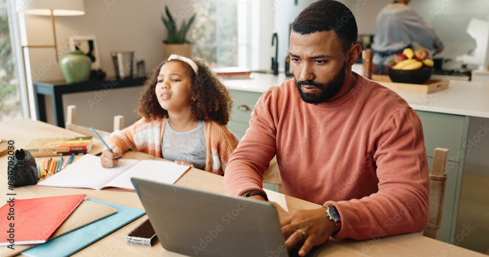 Father, laptop and child homework or online research as multitasking parent, deadline or learning. Man, daughter and youth education or family study in apartment kitchen, remote work or notebook Father, laptop and child homework or online research as multitasking parent, deadline or learning. Man, daughter and youth education or family study in apartment kitchen, remote work or notebook