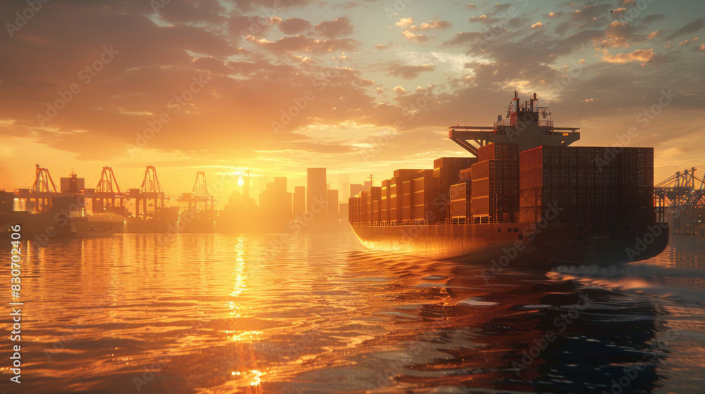 Majestic Sunset Over Busy Ocean Cargo Port with Shipping Vessel Majestic Sunset Over Busy Ocean Cargo Port with Shipping Vessel
