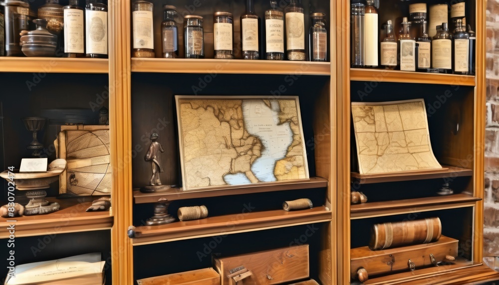 A detailed view of a library shelf stocked with vintage maps and various historical artifacts, reflecting a rich cultural heritage.. AI Generation