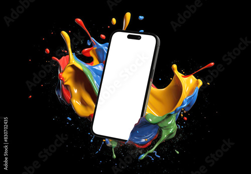 PARIS - France - September 1, 2023: 3D Iphone 14 mockup with generative ai paint splash
