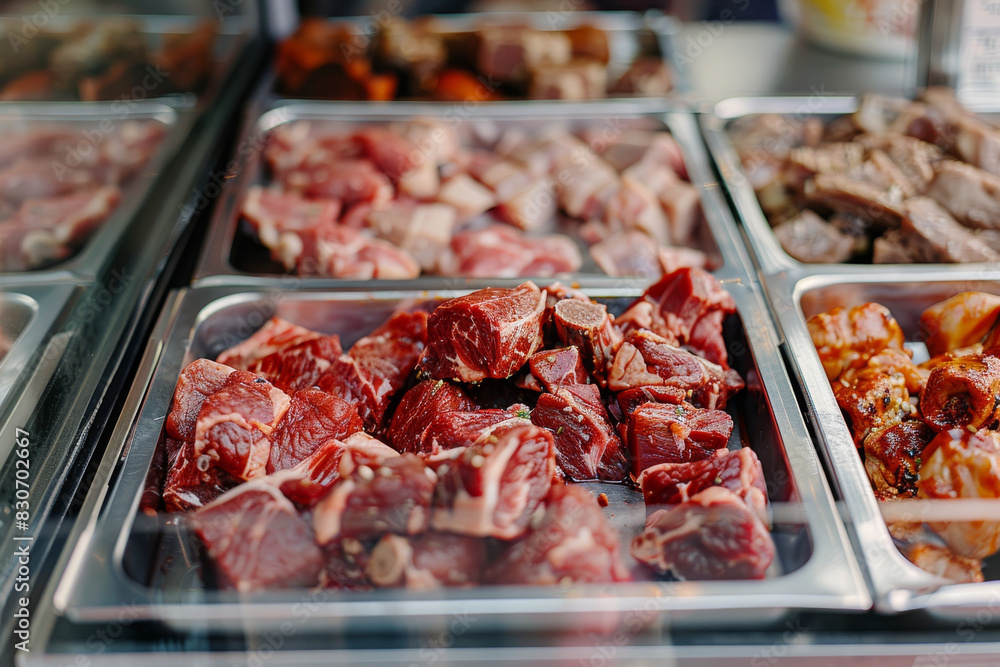 Fresh, Variety of Meats Displayed in Butcher Shop Fresh, Variety of Meats Displayed in Butcher Shop