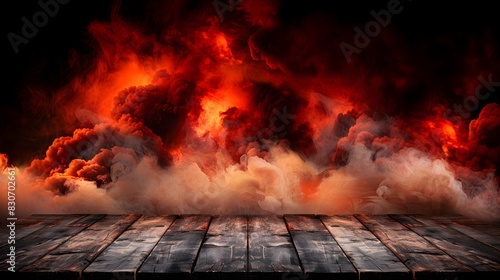 wooden tabletop with dark background of smoky explosion