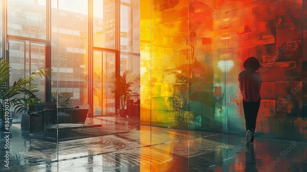 An interior designer decorating a commercial space, focus on, functional elegance theme, dynamic, double exposure, trendy office backdrop An interior designer decorating a commercial space, focus on, functional elegance theme, dynamic, double exposure, trendy office backdrop