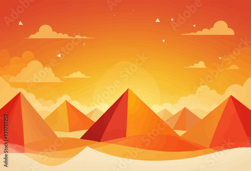 a desert landscape with pyramids and birds in the sky