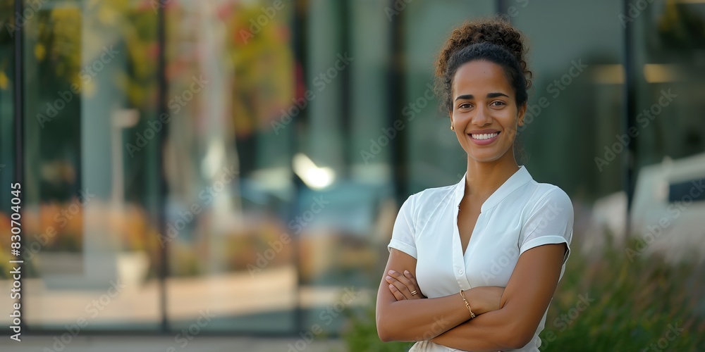 A woman with arms crossed, smiling confidently, stands in front of a modern glass building on a sunny day, conveying professionalism and positivity. A woman with arms crossed, smiling confidently, stands in front of a modern glass building on a sunny day, conveying professionalism and positivity.